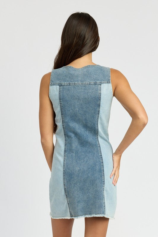 EMORY PARK COLOR BLOCK DENIM SLEEVELESS MINI DRESS