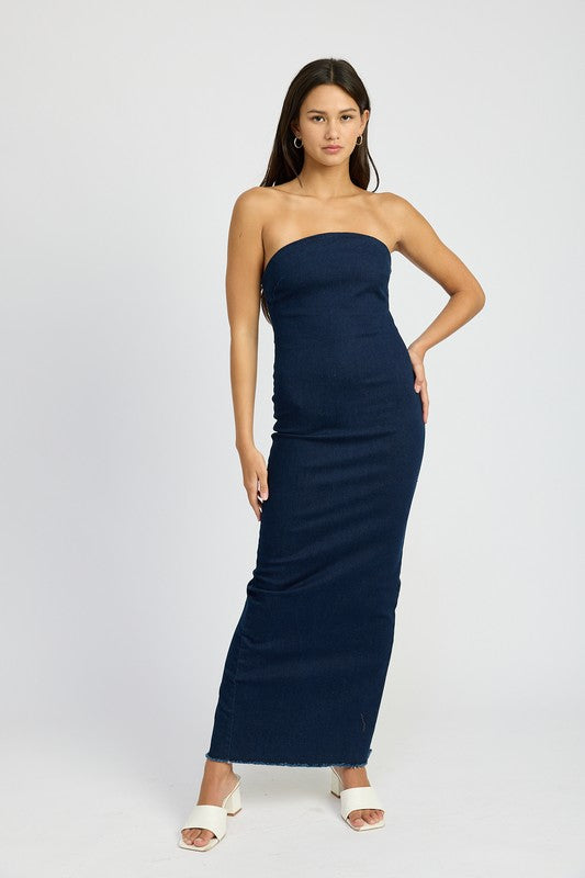 EMORY PARK BODYCON TUBE DENIM MAXI DRESS