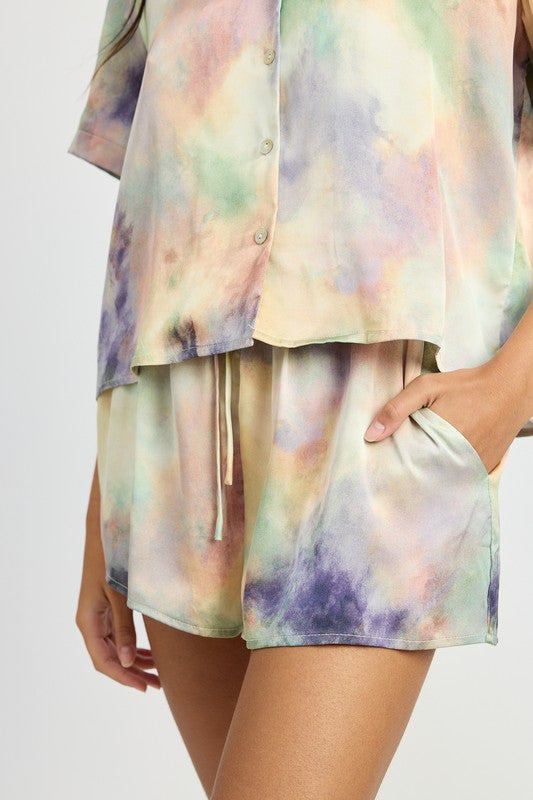 EMORY PARK WATERCOLOR SATIN DRAWSTRING SHORTS