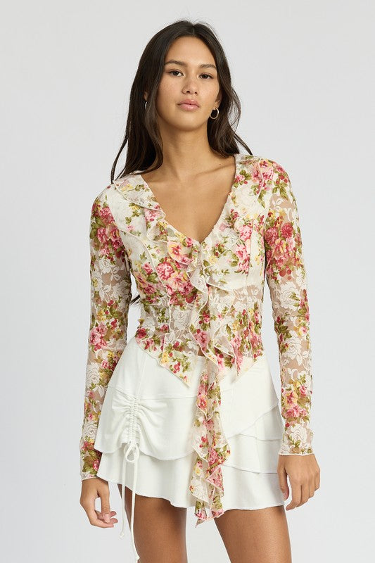 EMORY PARK FLORAL PRINT BLOUSE WITH RUFFLE DETAIL