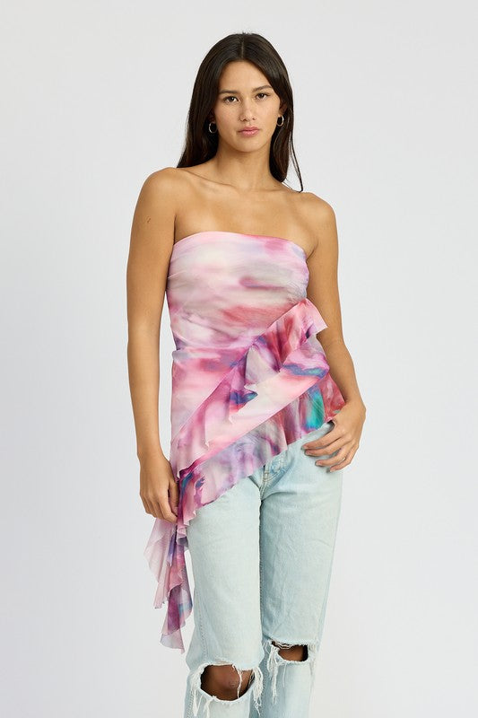 EMORY PARK ASYMMETRICAL RUFFLE HEM TUBE TOP