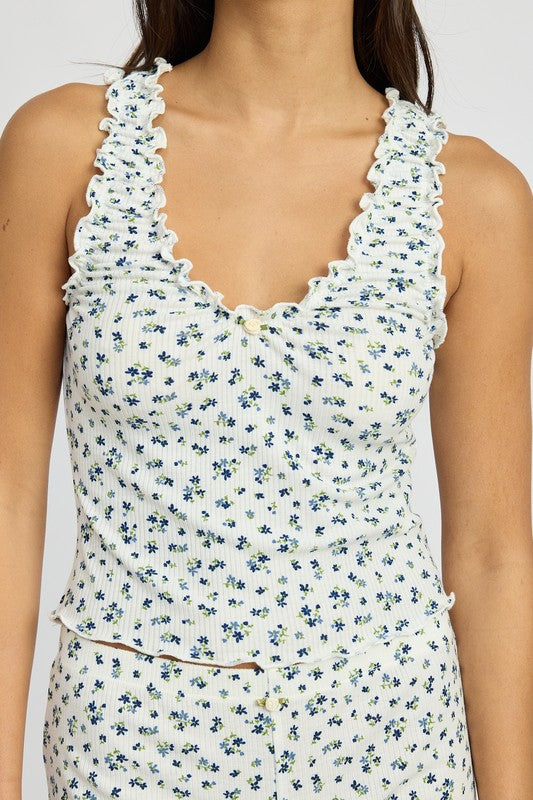 Emory Park Floral Ruffle Trim Knit Tank Top