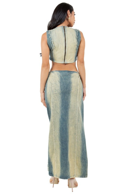 BY CLAUDE TWO PIECE SLEEVELESS DENIM CROP TOP & MAXI SKIRT SET