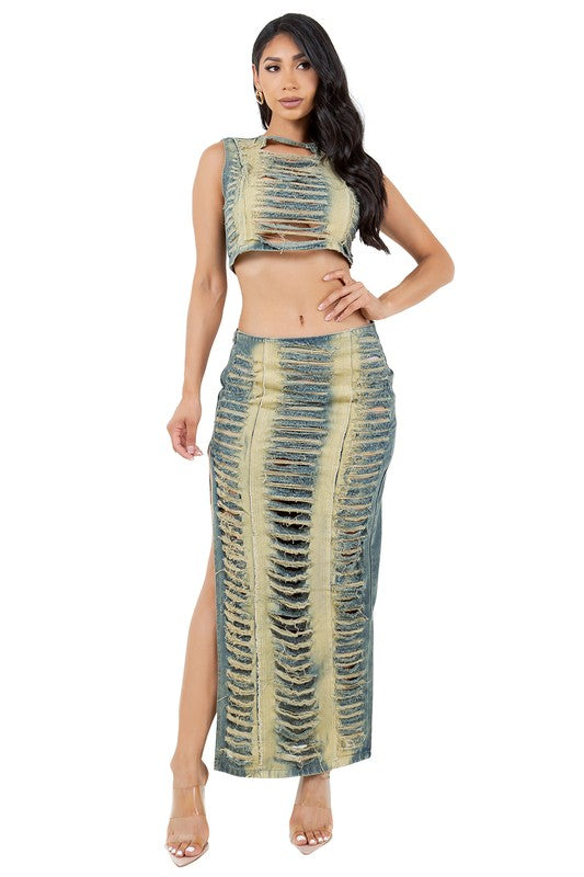 BY CLAUDE TWO PIECE SLEEVELESS DENIM CROP TOP & MAXI SKIRT SET