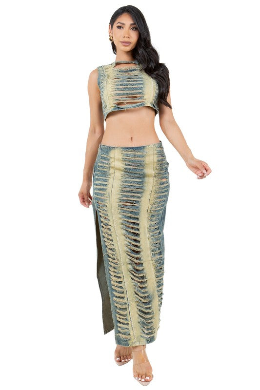 BY CLAUDE TWO PIECE SLEEVELESS DENIM CROP TOP & MAXI SKIRT SET