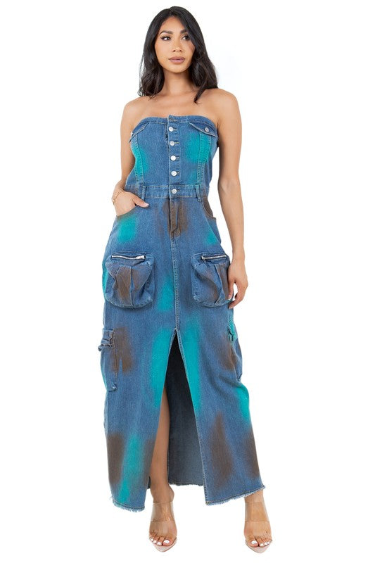 BY CLAUDE STRAPLESS DENIM MAXI DRESS