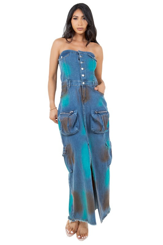 BY CLAUDE STRAPLESS DENIM MAXI DRESS