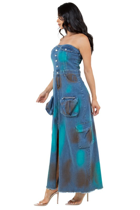 BY CLAUDE STRAPLESS DENIM MAXI DRESS