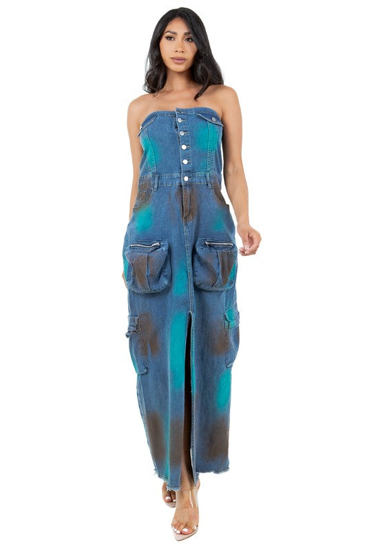 BY CLAUDE STRAPLESS DENIM MAXI DRESS