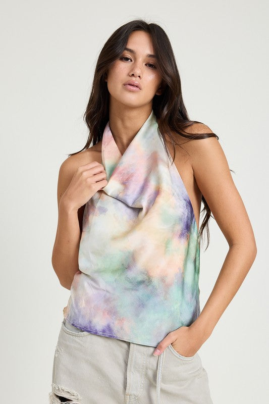 EMORY PARK TIE DYE COWL NECK HALTER TOP