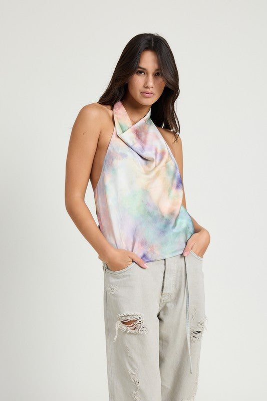 EMORY PARK TIE DYE COWL NECK HALTER TOP