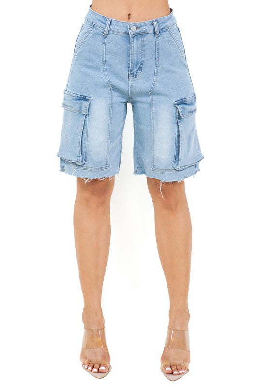 BY CLAUDE LONG DENIM CARGO SHORTS