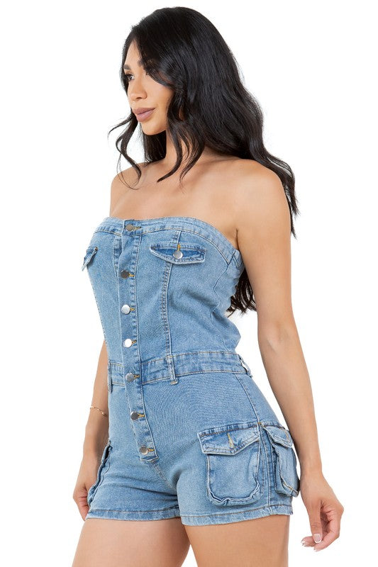 BY CLAUDE STRAPLESS DENIM ROMPER