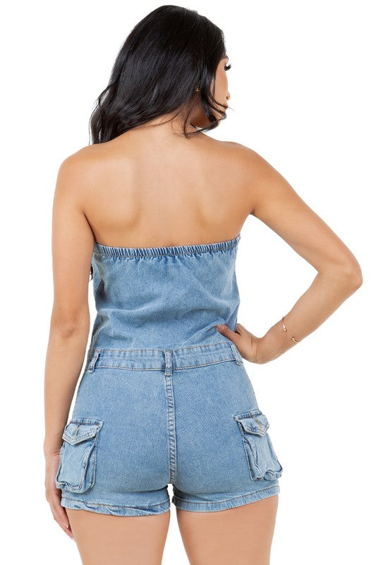 BY CLAUDE STRAPLESS DENIM ROMPER