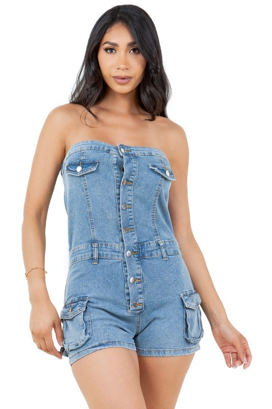 BY CLAUDE STRAPLESS DENIM ROMPER