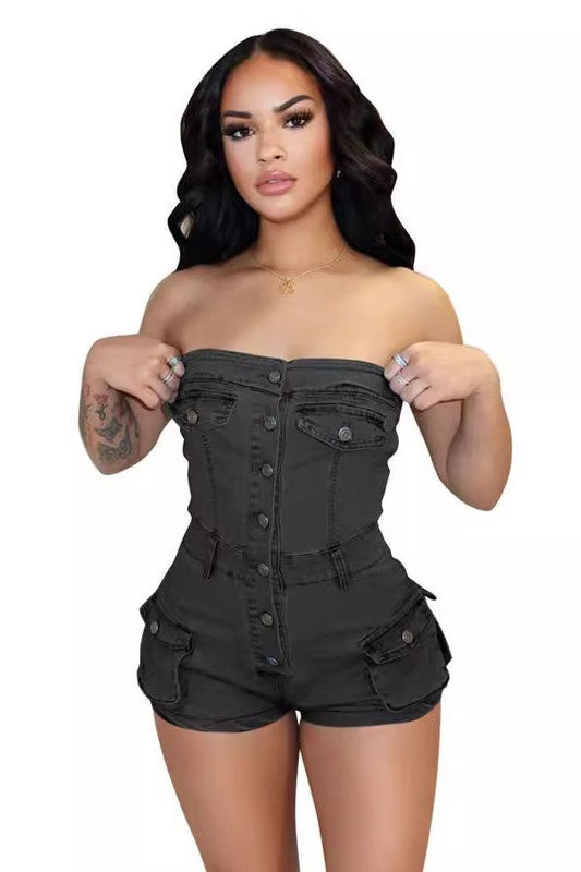 BY CLAUDE STRAPLESS DENIM ROMPER