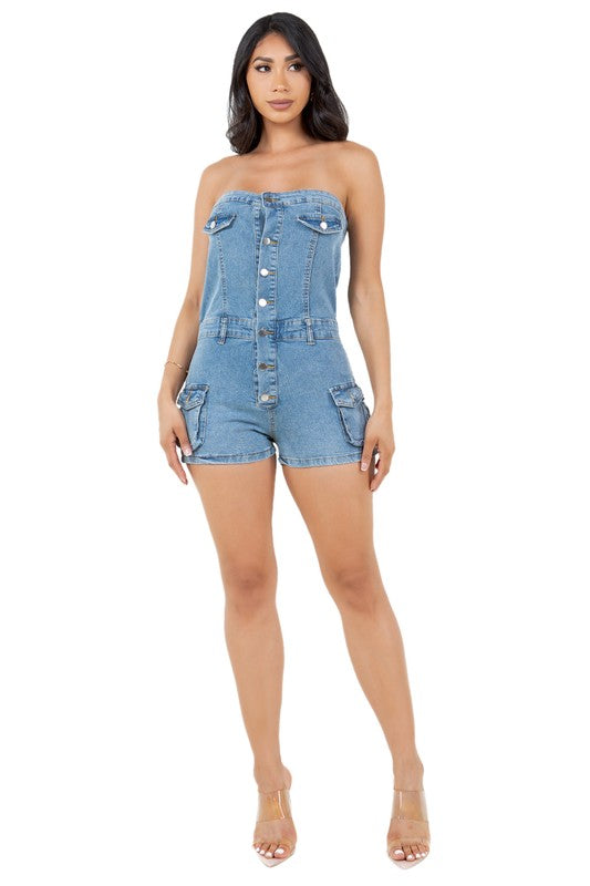 BY CLAUDE STRAPLESS DENIM ROMPER