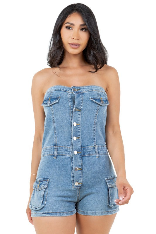 BY CLAUDE STRAPLESS DENIM ROMPER