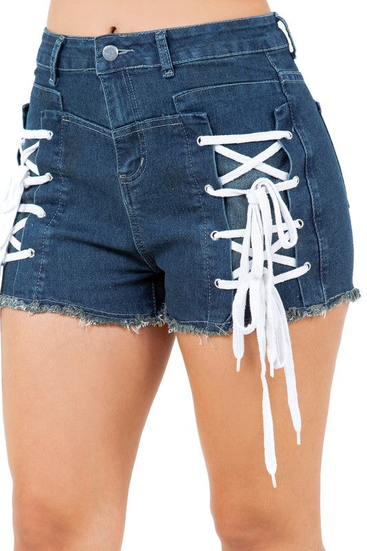 BY CLAUDE LACE UP FRONT DENIM SHORTS