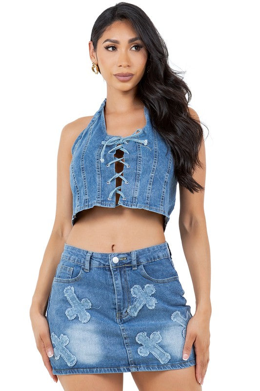 BY CLAUDE DENIM TWO PIECE HALTER TOP AND MINI SKIRT SET IN 2 COLORS