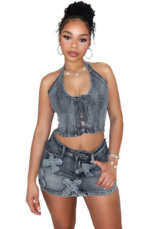 BY CLAUDE DENIM TWO PIECE HALTER TOP AND MINI SKIRT SET IN 2 COLORS