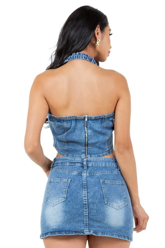 BY CLAUDE DENIM TWO PIECE HALTER TOP AND MINI SKIRT SET IN 2 COLORS