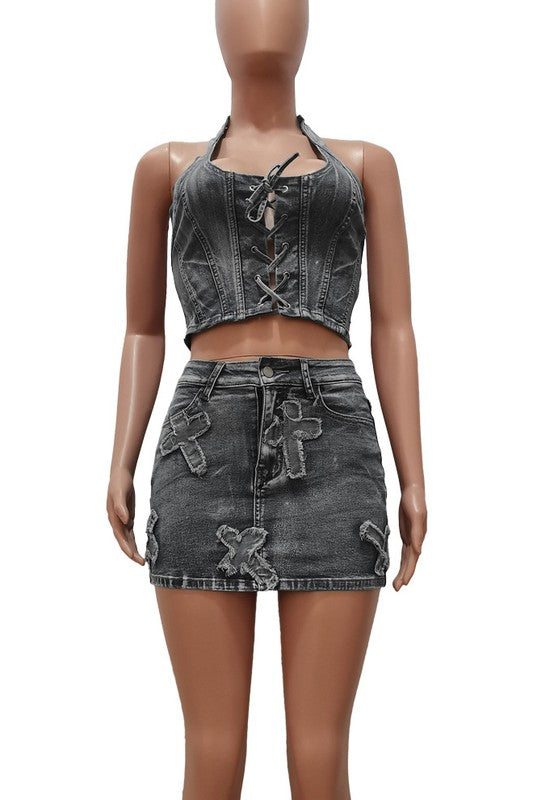 BY CLAUDE DENIM TWO PIECE HALTER TOP AND MINI SKIRT SET IN 2 COLORS