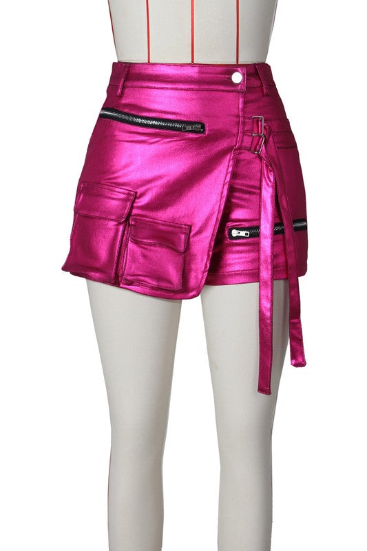 BY CLAUDE METALLIC CARGO STYLE WRAP FRONT SHORTS IN 3 COLORS