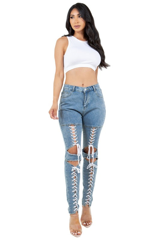 BY CLAUDE HEAVILY DISTRESSED DENIM JEANS