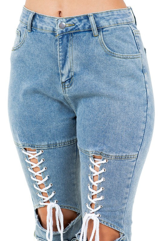 BY CLAUDE HEAVILY DISTRESSED DENIM JEANS