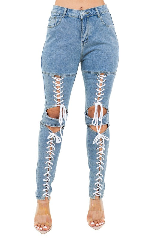 BY CLAUDE HEAVILY DISTRESSED DENIM JEANS