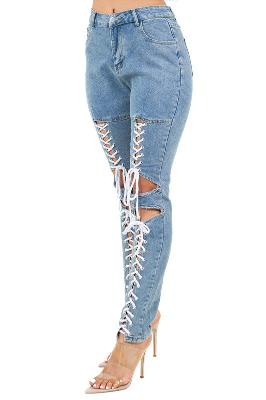 BY CLAUDE HEAVILY DISTRESSED DENIM JEANS