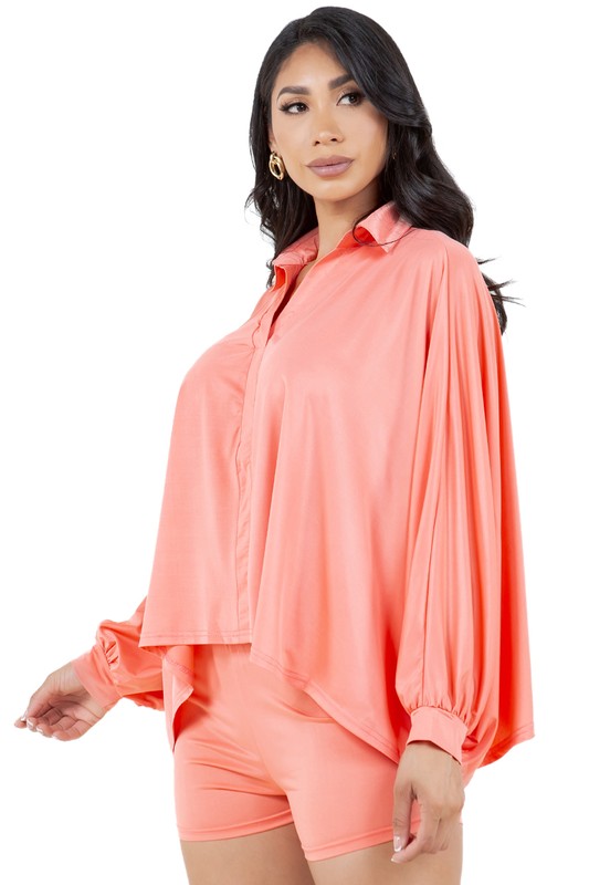 BY CLAUDE TWO PIECE SILKY LONG SLEEVE V-NECK TOP AND SHORTS LOUNGEWEAR SET IN 2 COLORS