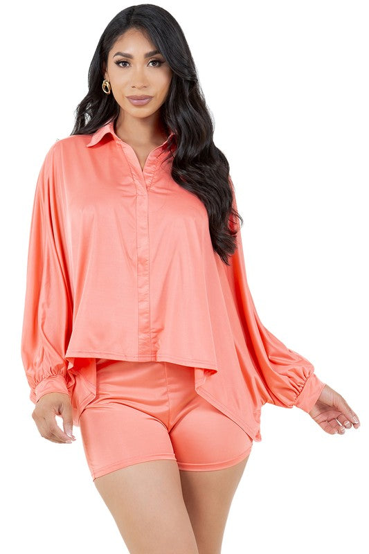 BY CLAUDE TWO PIECE SILKY LONG SLEEVE V-NECK TOP AND SHORTS LOUNGEWEAR SET IN 2 COLORS