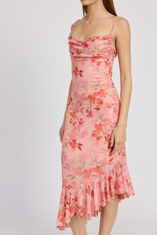 EMORY PARK FLORAL ASYMMETRICAL DRESS WITH RUFFLE DETAIL