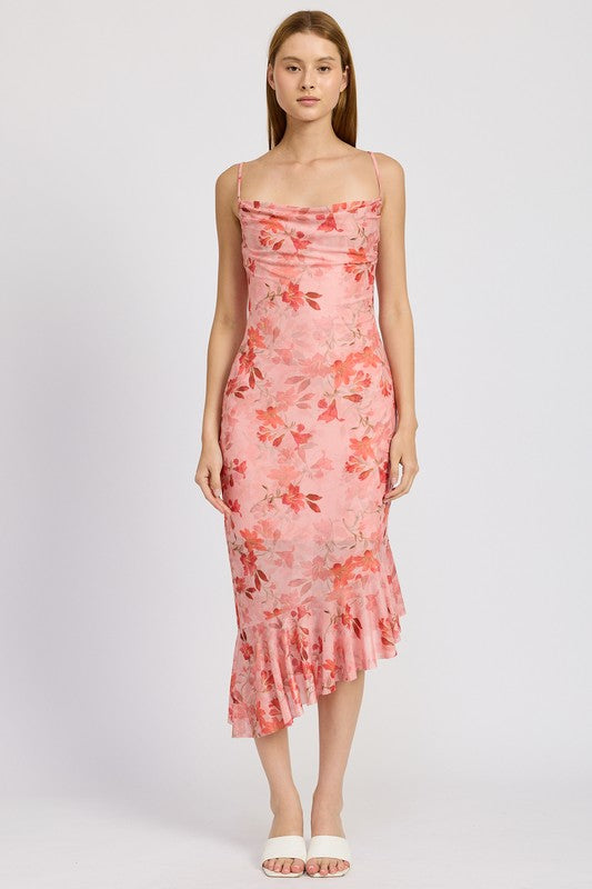 EMORY PARK FLORAL ASYMMETRICAL DRESS WITH RUFFLE DETAIL