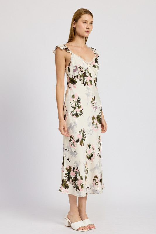 EMORY PARK FLORAL MIDI DRESS WITH LACE DETAIL