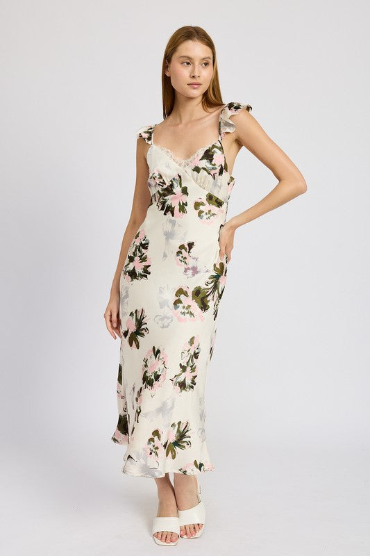 EMORY PARK FLORAL MIDI DRESS WITH LACE DETAIL