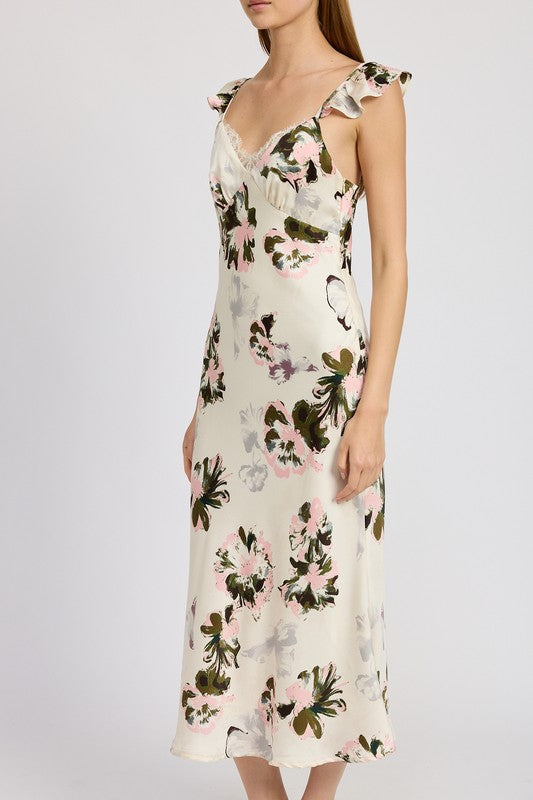 EMORY PARK FLORAL MIDI DRESS WITH LACE DETAIL