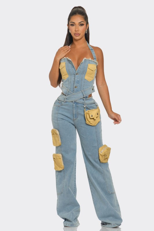 ATHINA Two Tone Pocket Denim Jumpsuit