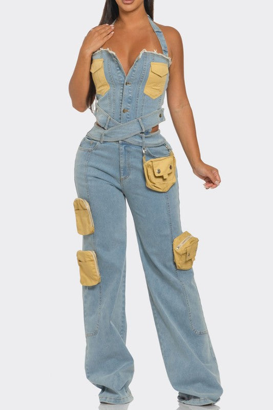 ATHINA Two Tone Pocket Denim Jumpsuit