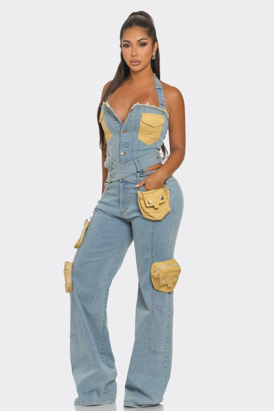 ATHINA Two Tone Pocket Denim Jumpsuit