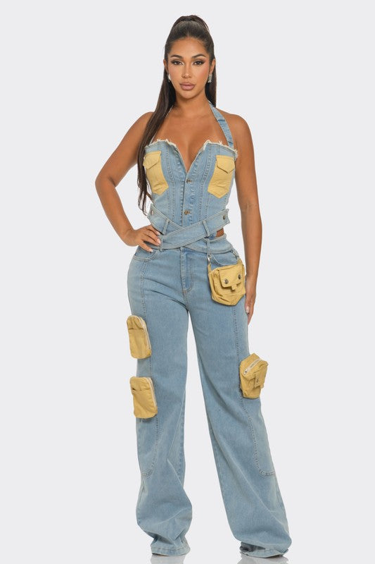 ATHINA Two Tone Pocket Denim Jumpsuit