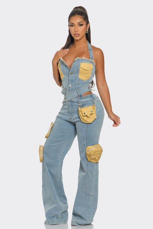 ATHINA Two Tone Pocket Denim Jumpsuit