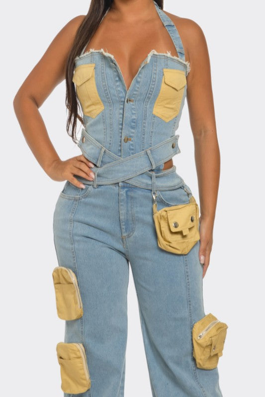 ATHINA Two Tone Pocket Denim Jumpsuit