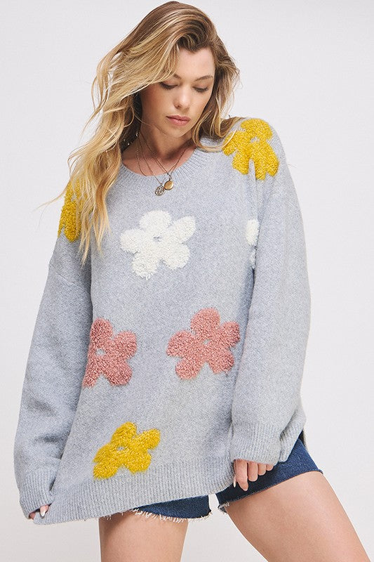 Jade By Jane Floral Graphic Knit Oversized Long Sleeve Round Neck Sweater in 2 Colors