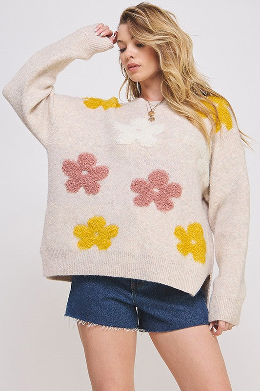 Jade By Jane Floral Graphic Knit Oversized Long Sleeve Round Neck Sweater in 2 Colors