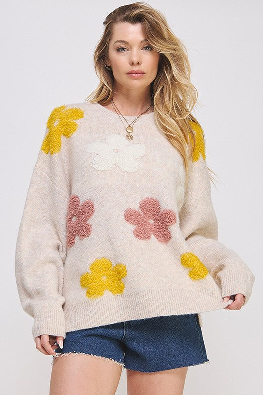 Jade By Jane Floral Graphic Knit Oversized Long Sleeve Round Neck Sweater in 2 Colors