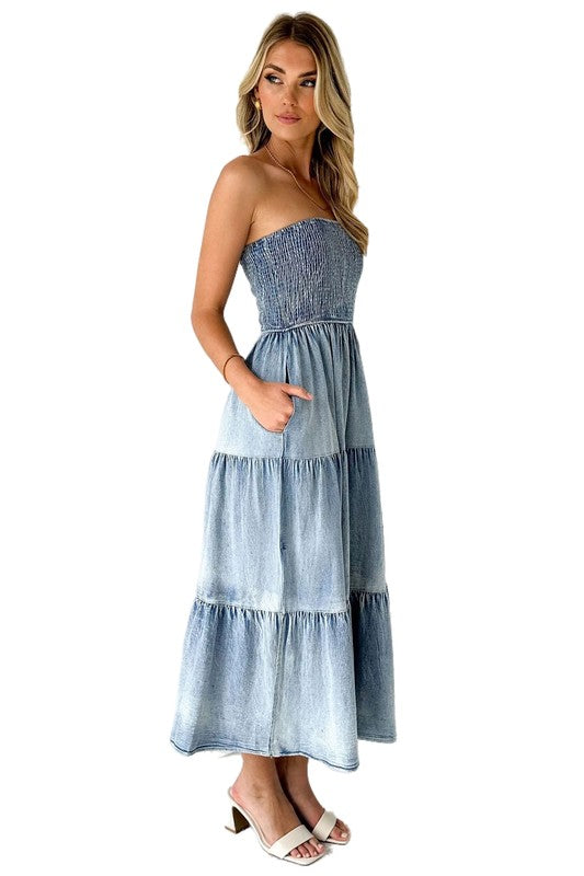 BY CLAUDE STRAPLESS TIERED DENIM MIDI DRESS