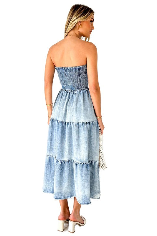 BY CLAUDE STRAPLESS TIERED DENIM MIDI DRESS